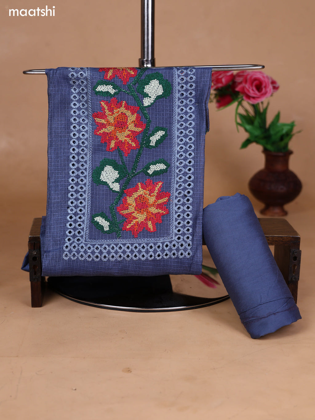 Bluish Grey Kota Dress Material With Floral Embroidery Work Neck Pattern and Bottom & Dupatta