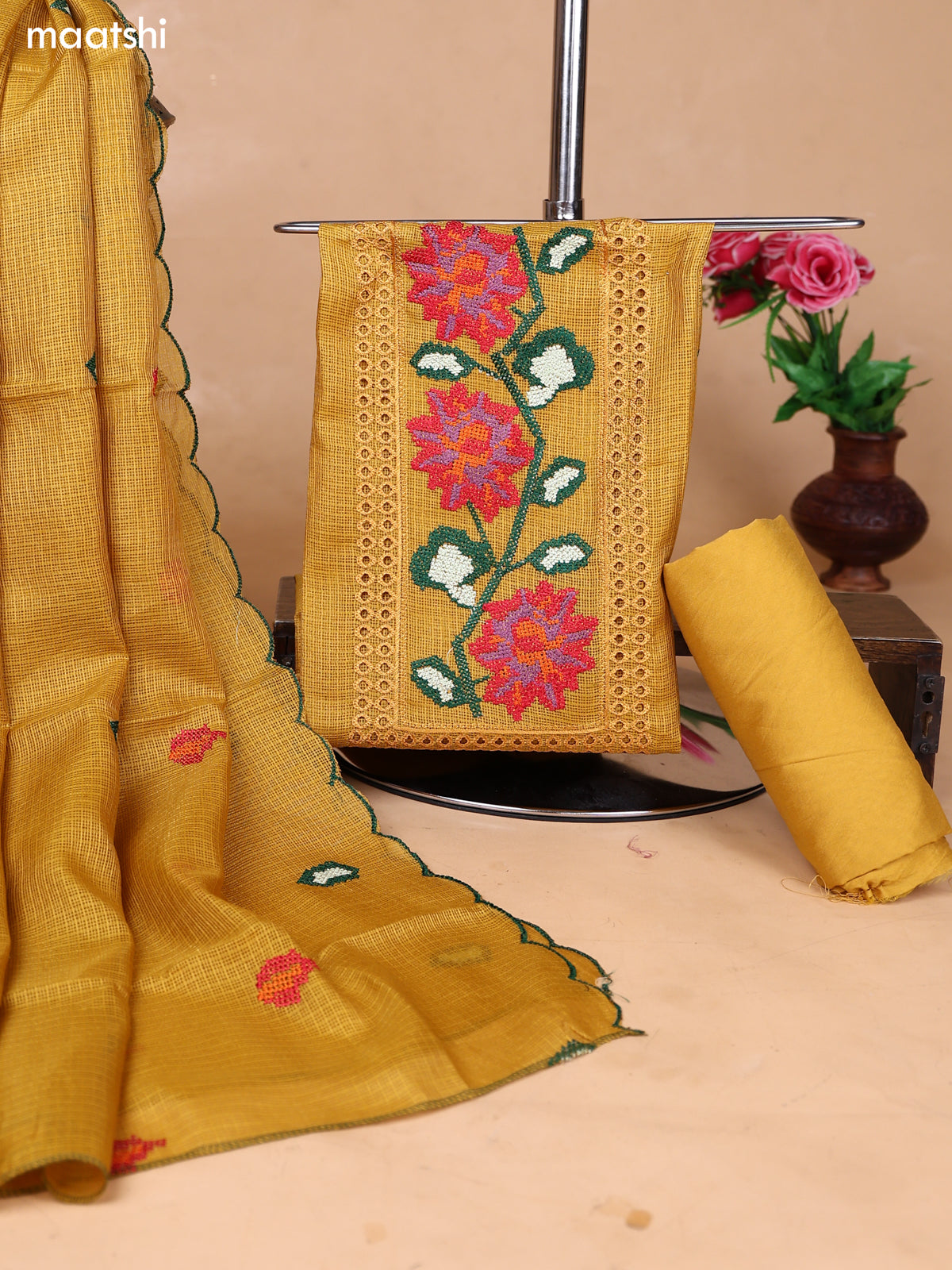 Mustard Kota Dress Material With Floral Embroidery Work Neck Pattern and Bottom & Dupatta