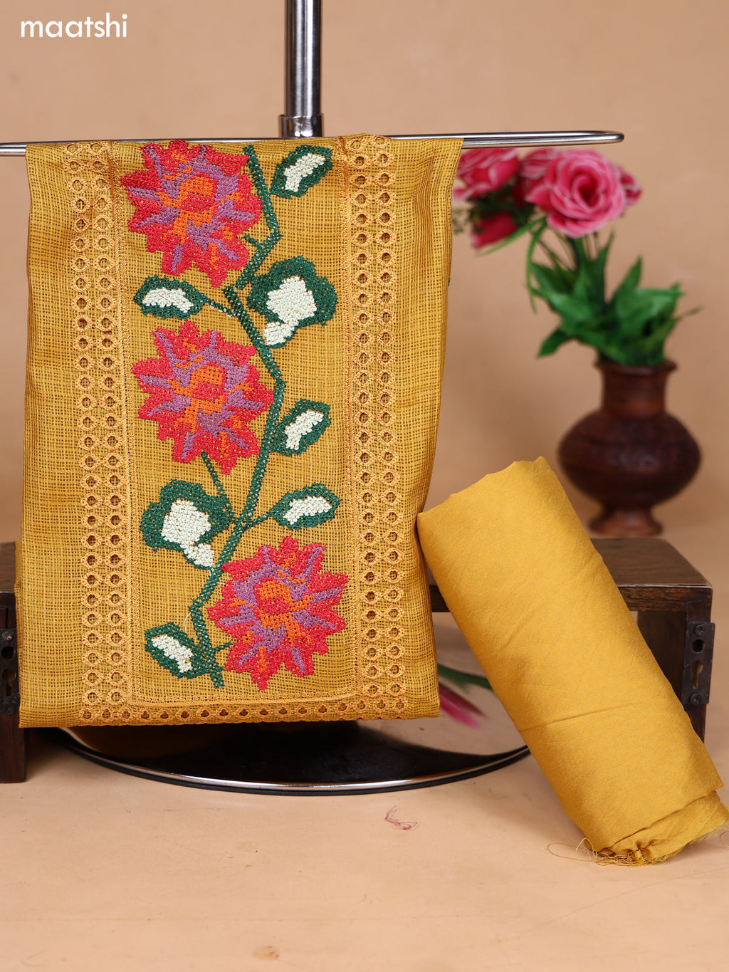Mustard Kota Dress Material With Floral Embroidery Work Neck Pattern and Bottom & Dupatta