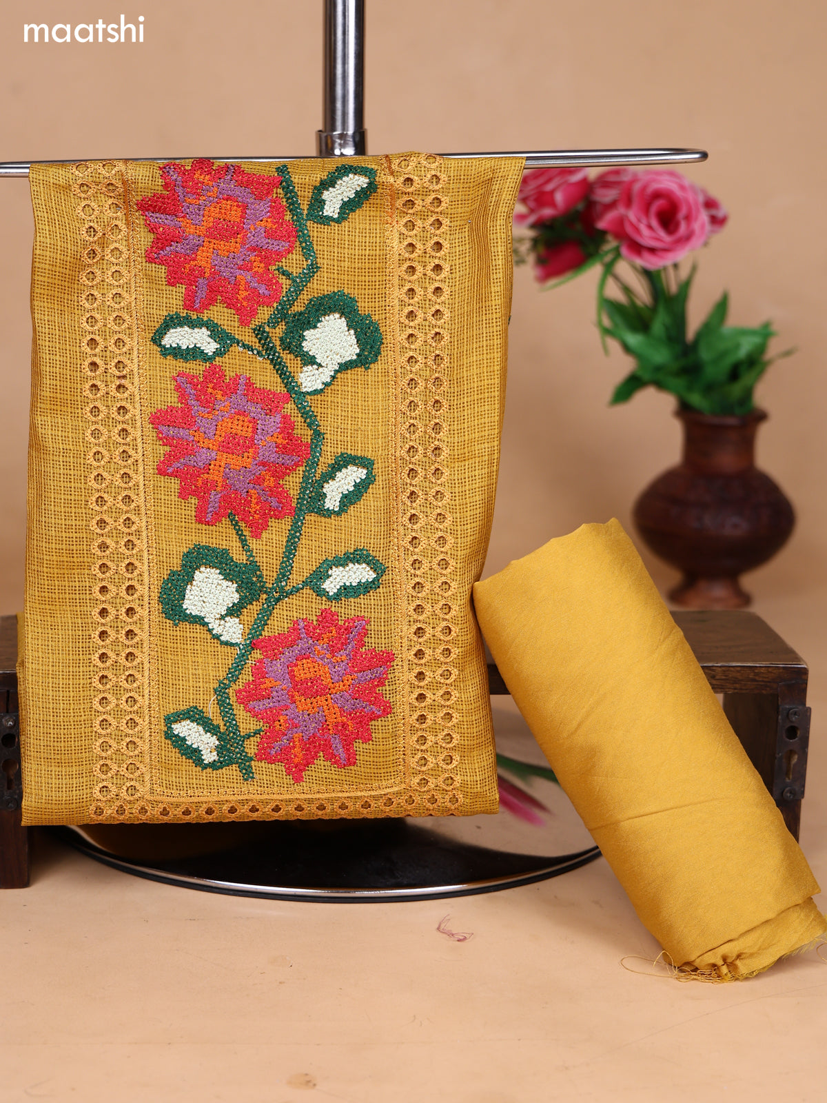 Mustard Kota Dress Material With Floral Embroidery Work Neck Pattern and Bottom & Dupatta