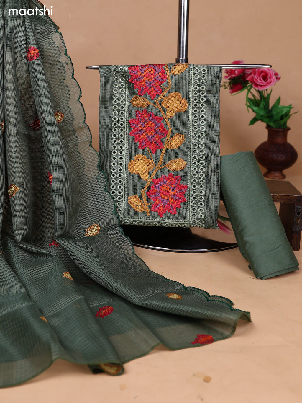 Pastel Green Kota Dress Material With Floral Embroidery Work Neck Pattern and Bottom & Dupatta