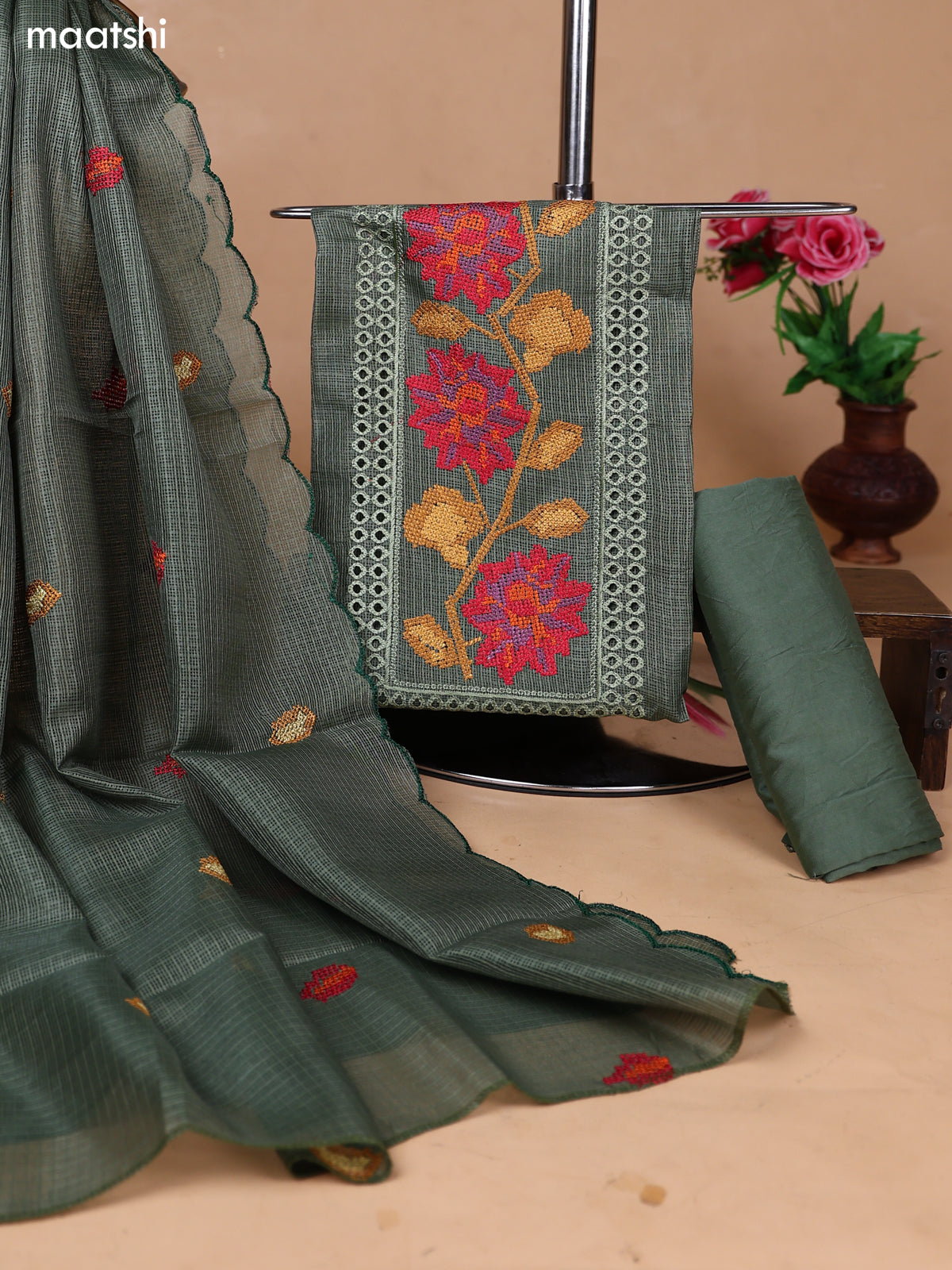 Pastel Green Kota Dress Material With Floral Embroidery Work Neck Pattern and Bottom & Dupatta