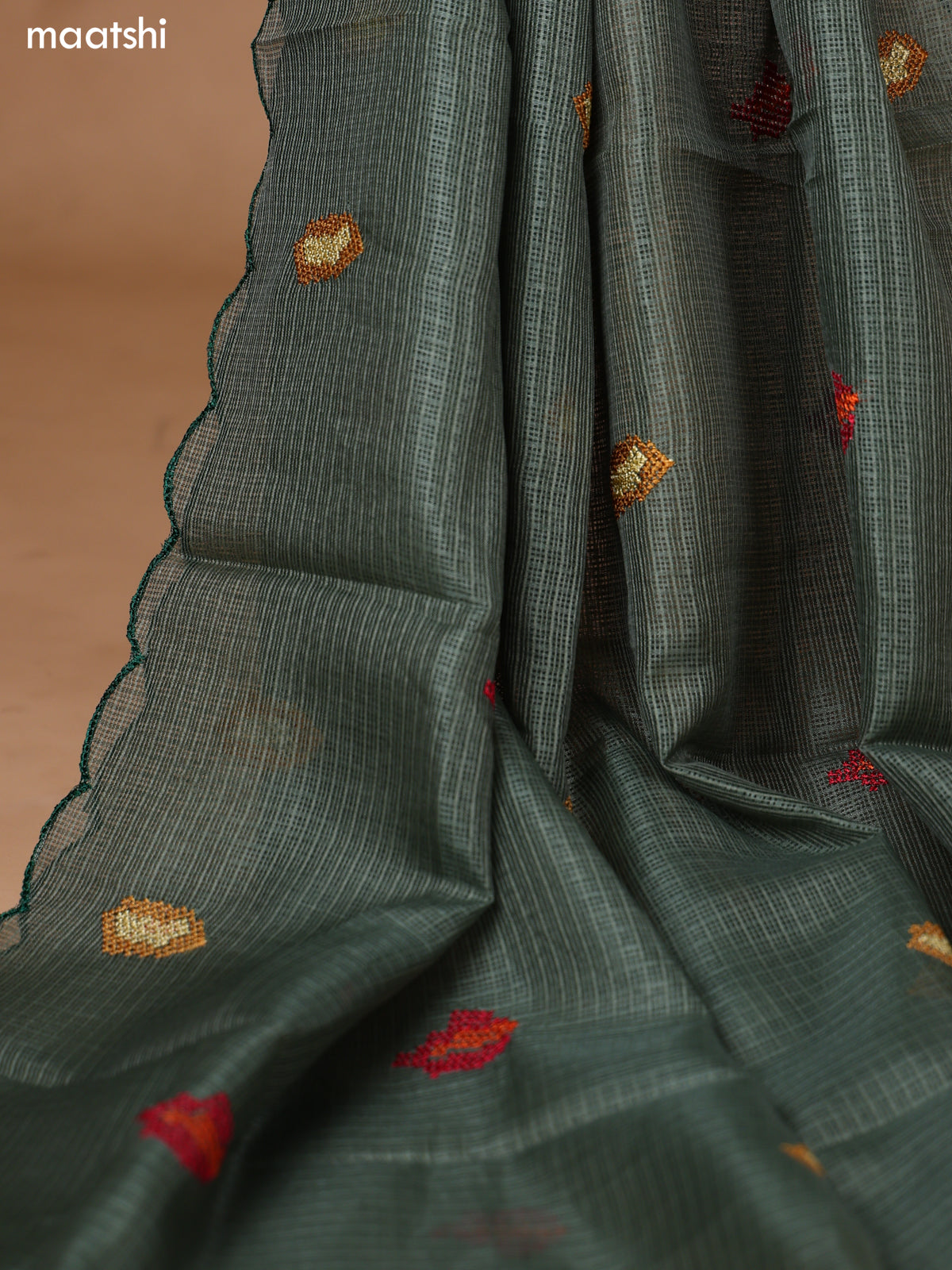 Pastel Green Kota Dress Material With Floral Embroidery Work Neck Pattern and Bottom & Dupatta