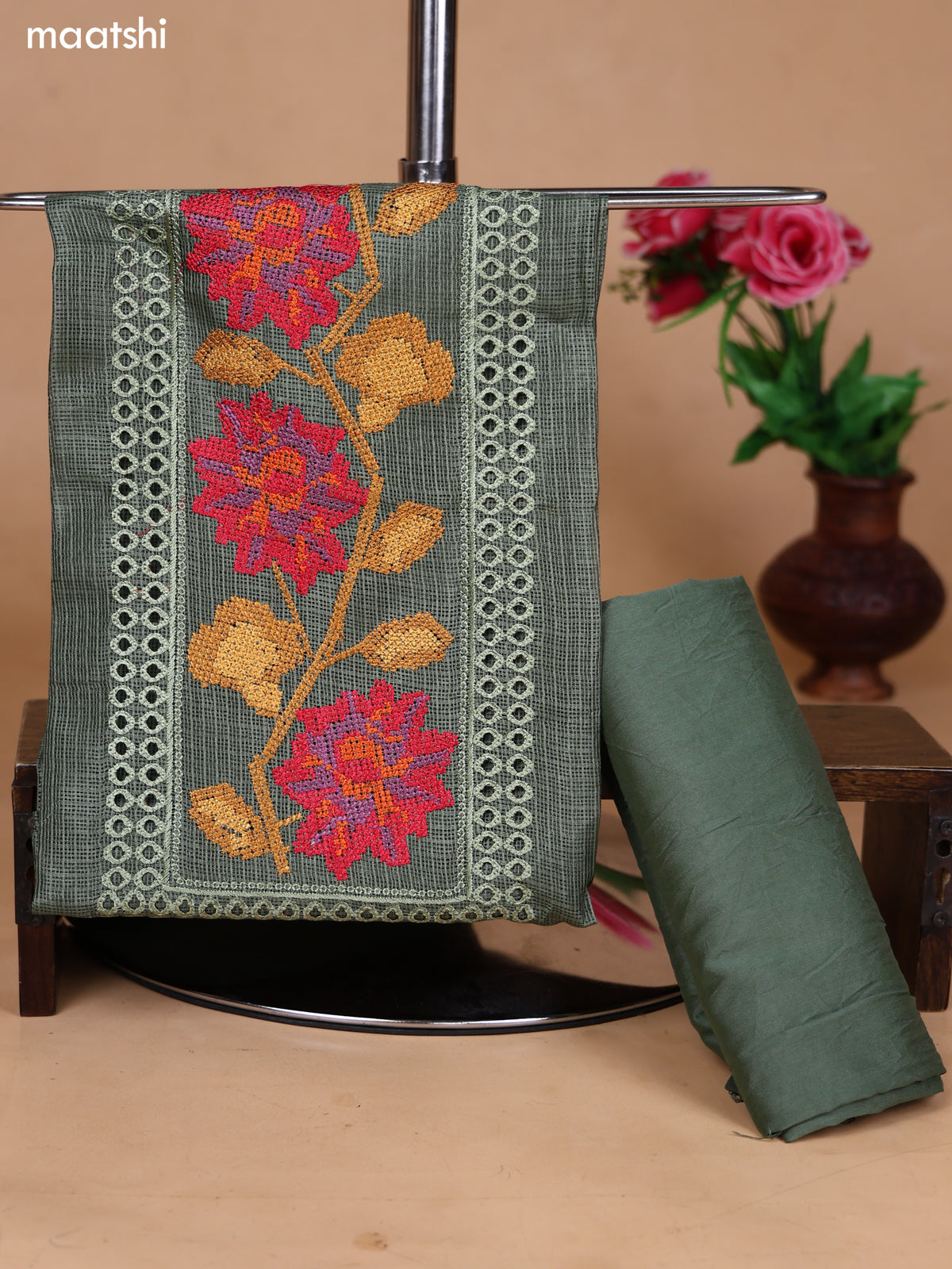 Pastel Green Kota Dress Material With Floral Embroidery Work Neck Pattern and Bottom & Dupatta