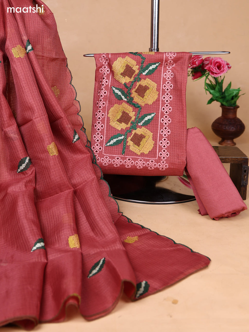 Dark Peach Kota Dress Material With Floral Embroidery Work Neck Pattern and Bottom & Dupatta