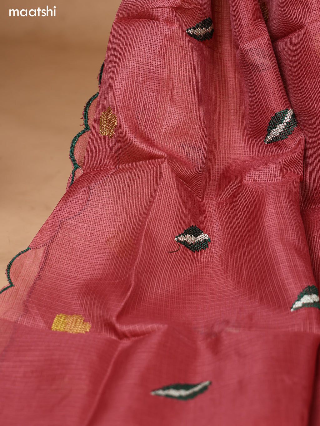 Dark Peach Kota Dress Material With Floral Embroidery Work Neck Pattern and Bottom & Dupatta
