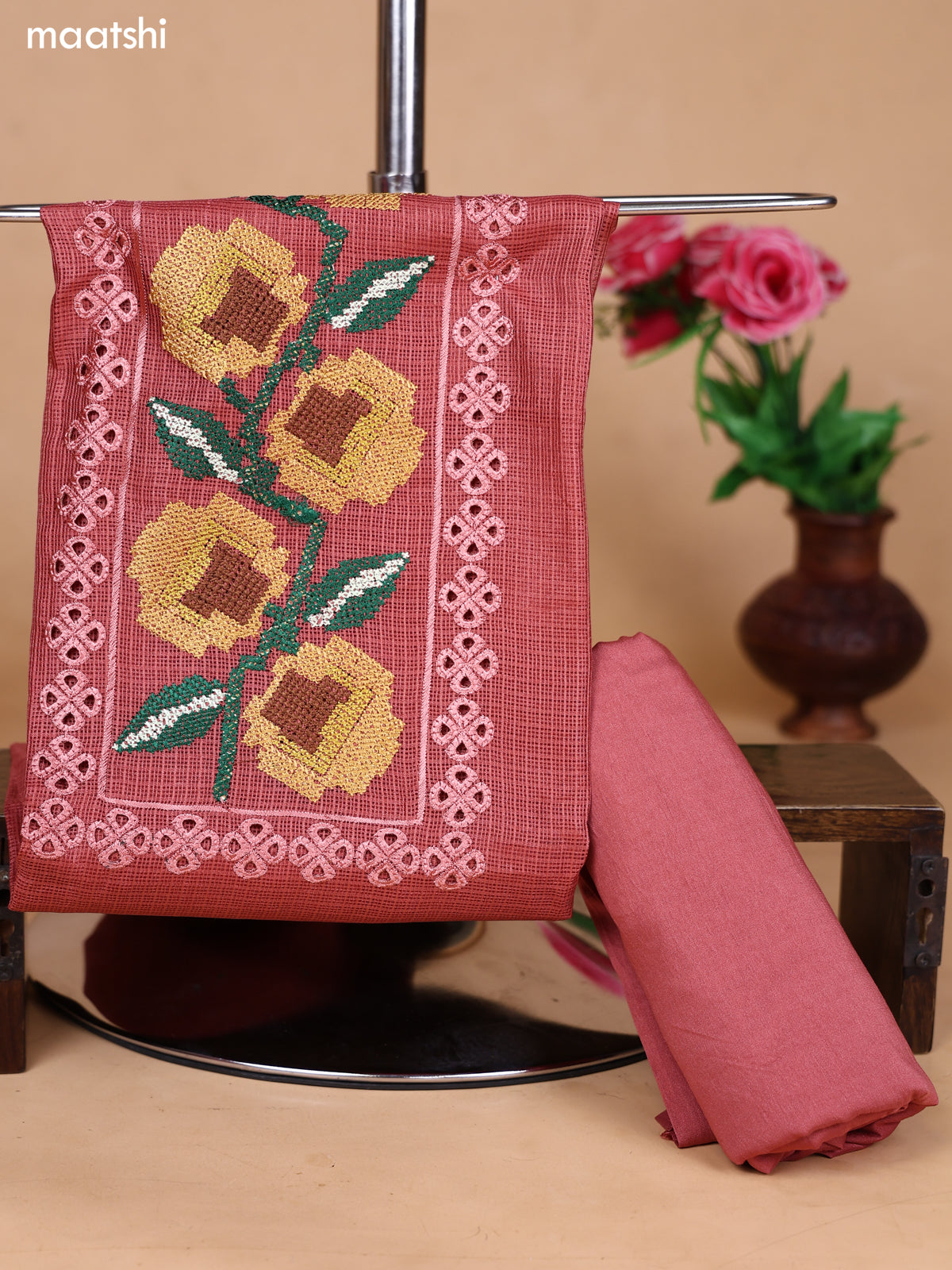 Dark Peach Kota Dress Material With Floral Embroidery Work Neck Pattern and Bottom & Dupatta