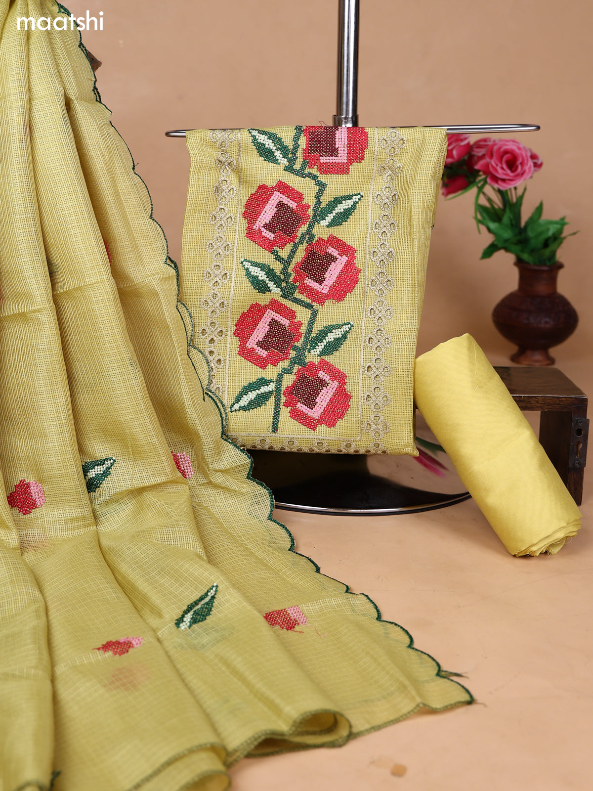 Lime Yellow Kota Dress Material With Floral Embroidery Work Neck Pattern and Bottom & Dupatta