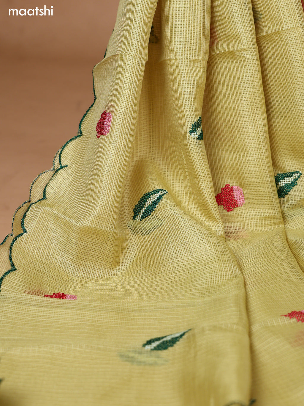 Lime Yellow Kota Dress Material With Floral Embroidery Work Neck Pattern and Bottom & Dupatta