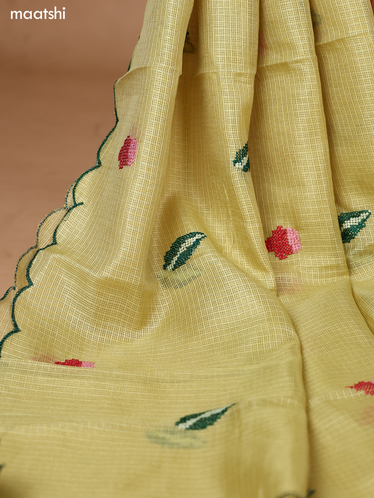 Lime Yellow Kota Dress Material With Floral Embroidery Work Neck Pattern and Bottom & Dupatta