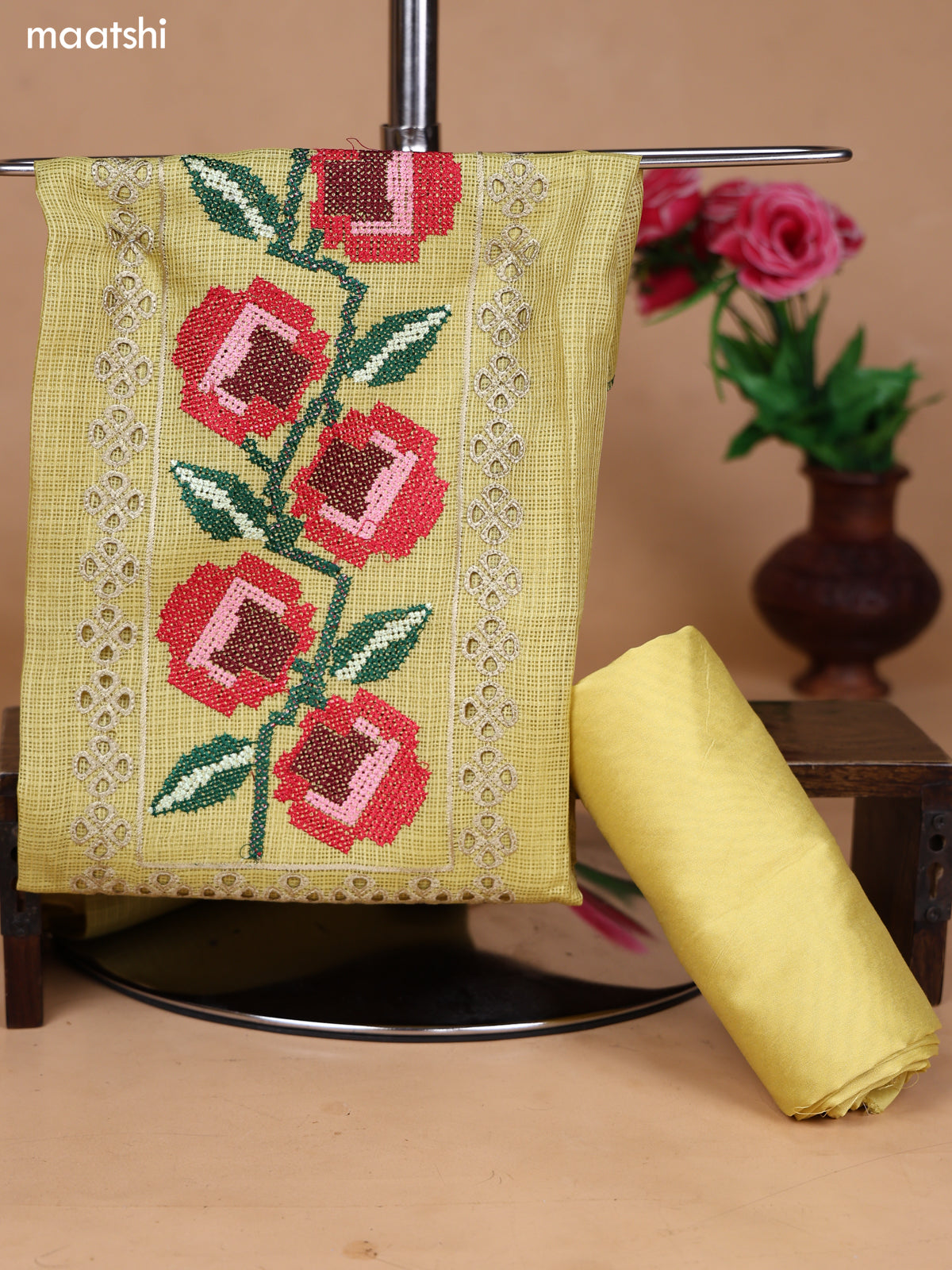Lime Yellow Kota Dress Material With Floral Embroidery Work Neck Pattern and Bottom & Dupatta