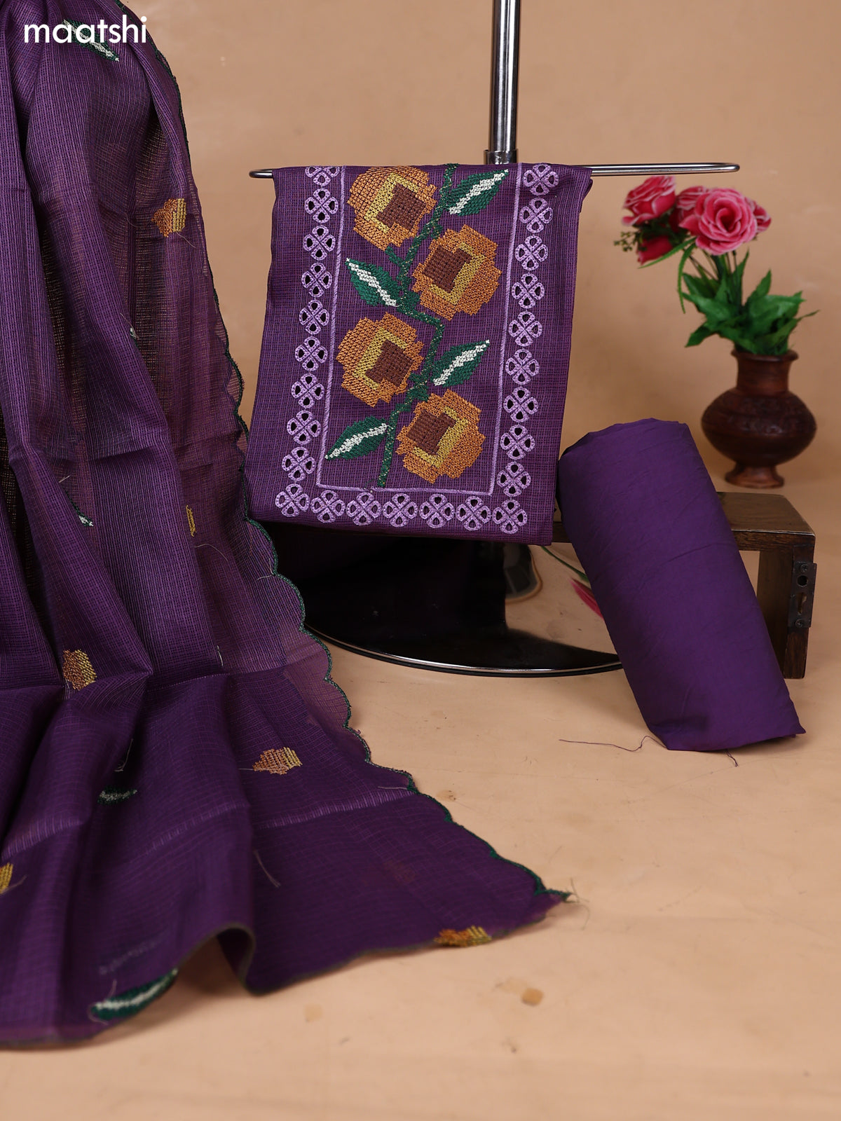 Purple Kota Dress Material With Floral Embroidery Work Neck Pattern and Bottom & Dupatta