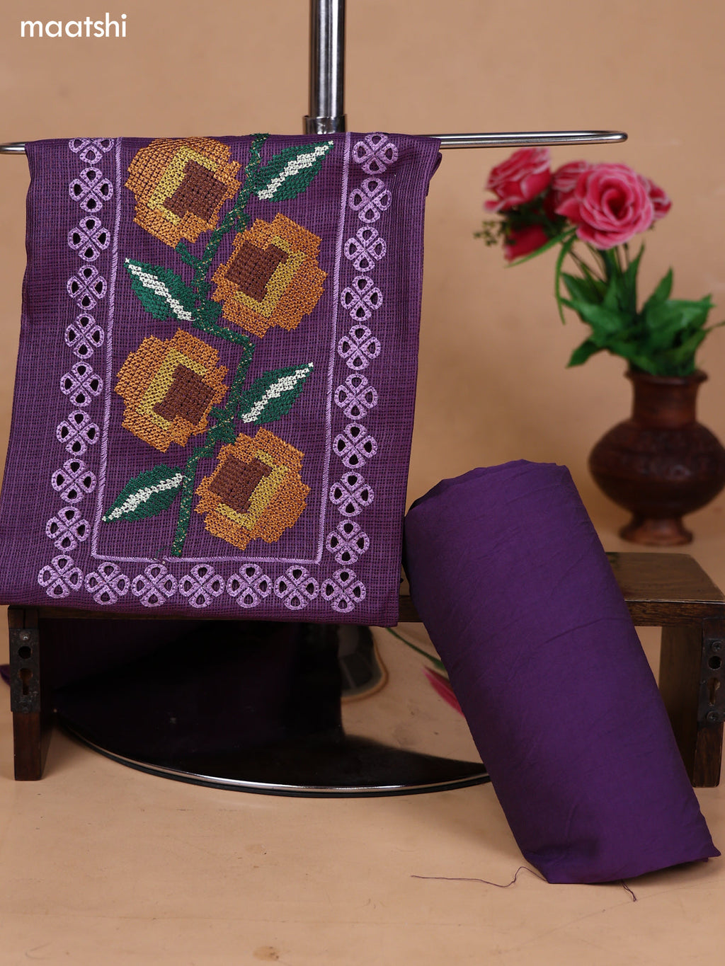 Purple Kota Dress Material With Floral Embroidery Work Neck Pattern and Bottom & Dupatta