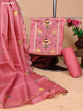 Peach Pink Kota Dress Material With Floral Embroidery Work Neck Pattern and Bottom & Dupatta