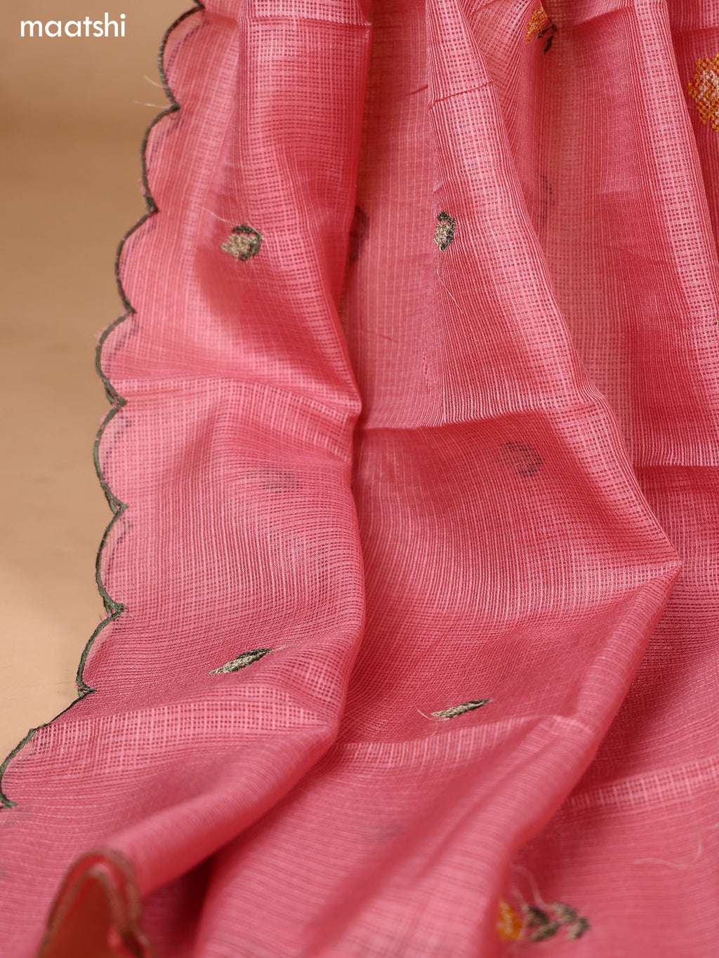 Peach Pink Kota Dress Material With Floral Embroidery Work Neck Pattern and Bottom & Dupatta