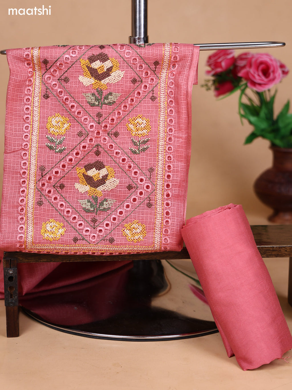 Peach Pink Kota Dress Material With Floral Embroidery Work Neck Pattern and Bottom & Dupatta