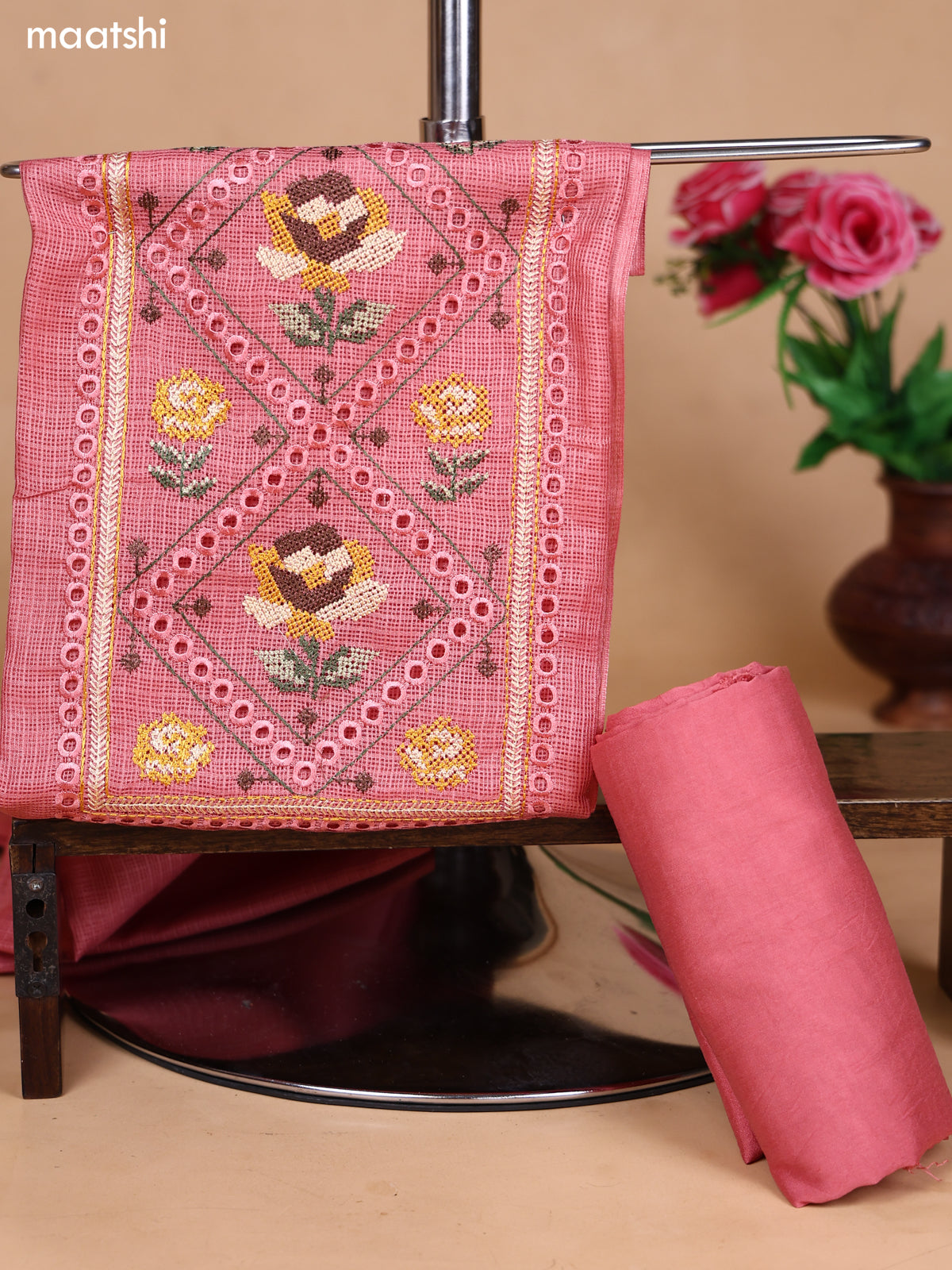 Peach Pink Kota Dress Material With Floral Embroidery Work Neck Pattern and Bottom & Dupatta