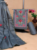 Dark Grey Kota Dress Material With Floral Embroidery Work Neck Pattern and Bottom & Dupatta