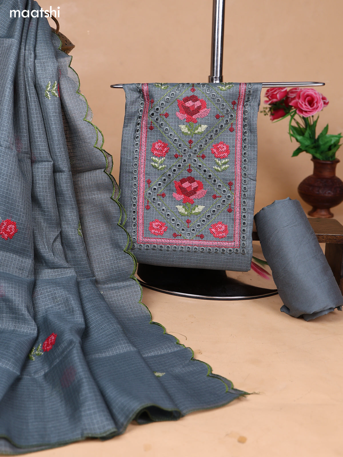 Dark Grey Kota Dress Material With Floral Embroidery Work Neck Pattern and Bottom & Dupatta
