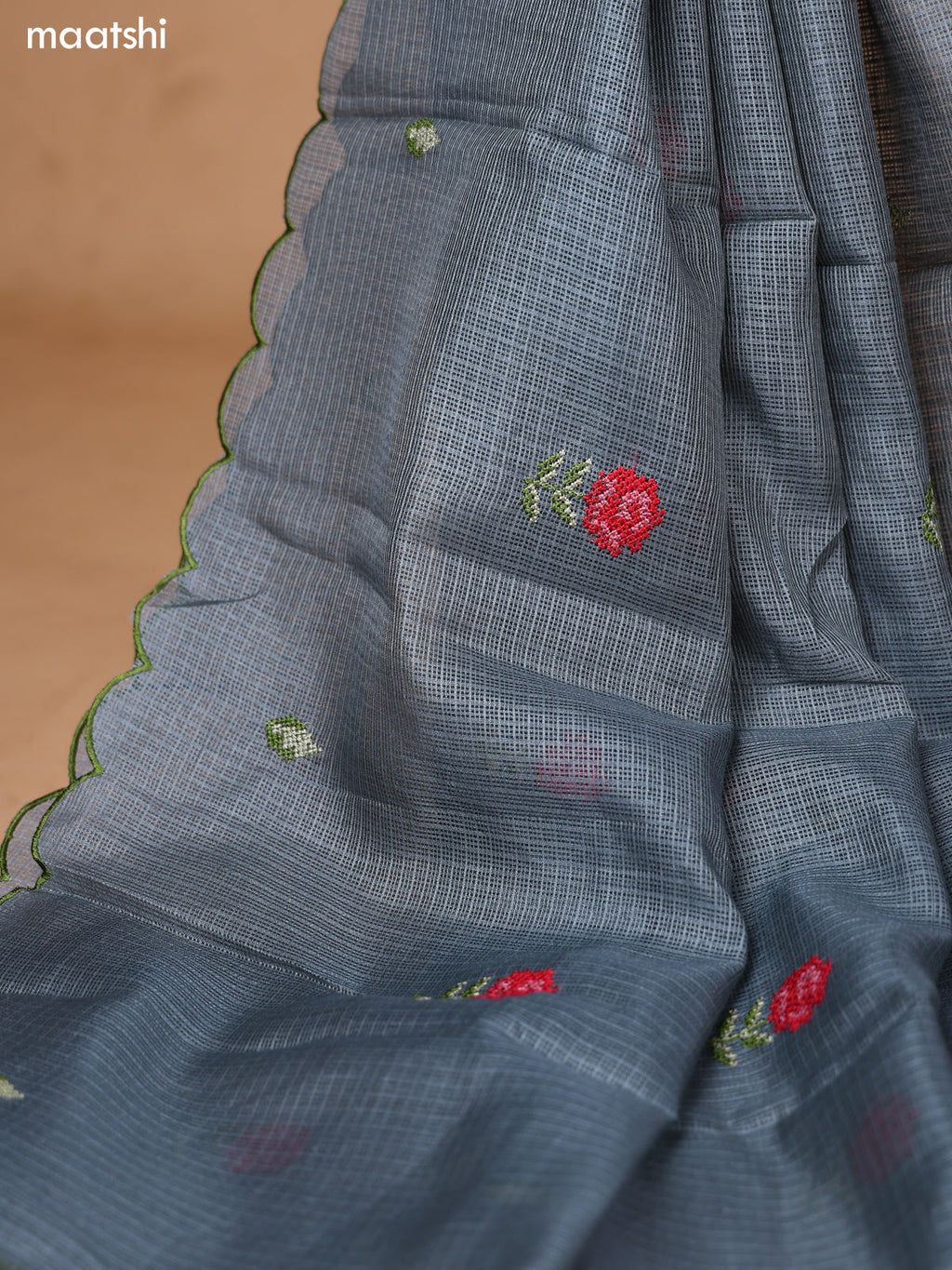Dark Grey Kota Dress Material With Floral Embroidery Work Neck Pattern and Bottom & Dupatta