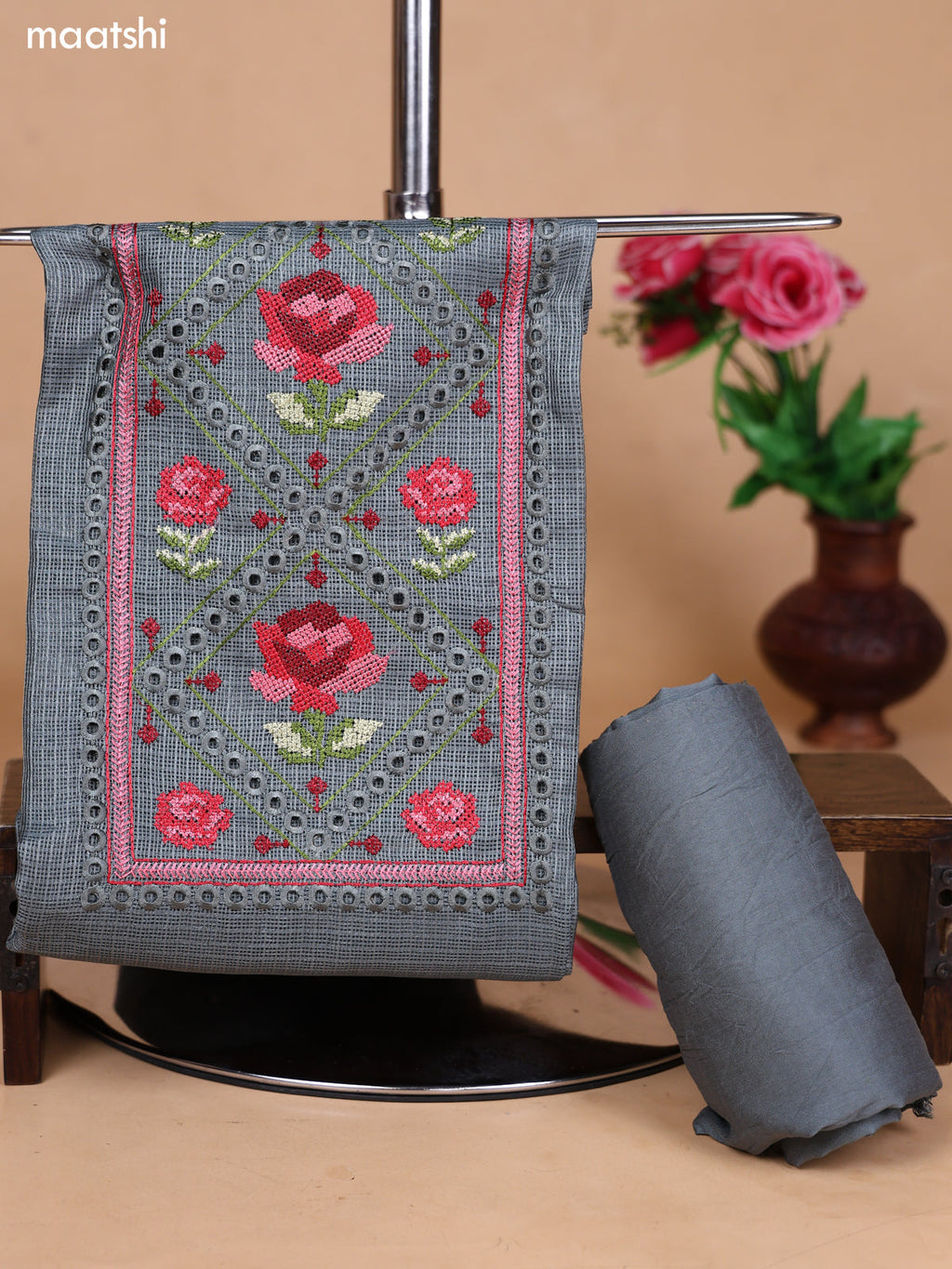Dark Grey Kota Dress Material With Floral Embroidery Work Neck Pattern and Bottom & Dupatta