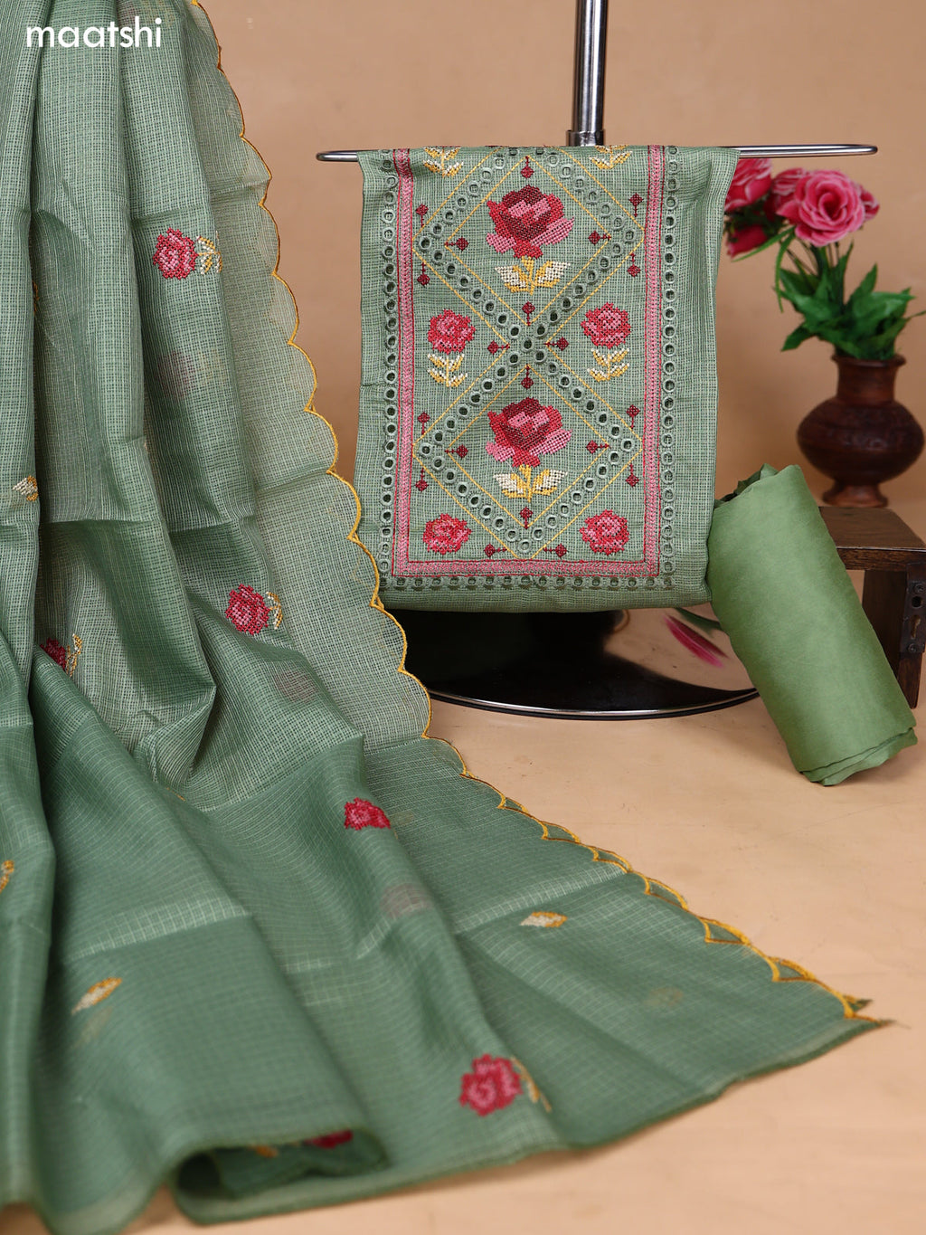 Pastel Green Kota Dress Material With Floral Embroidery Work Neck Pattern and Bottom & Dupatta