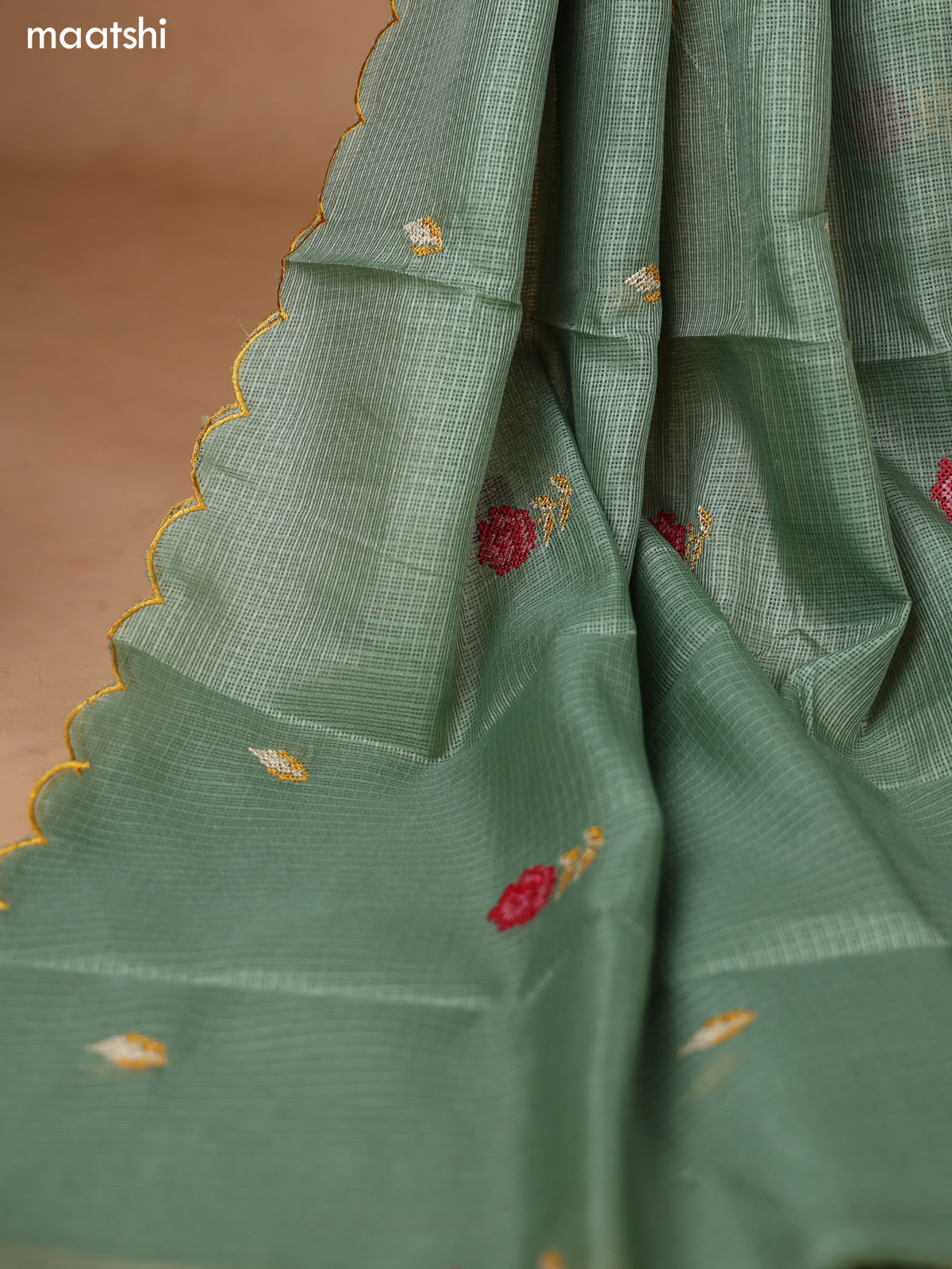 Pastel Green Kota Dress Material With Floral Embroidery Work Neck Pattern and Bottom & Dupatta