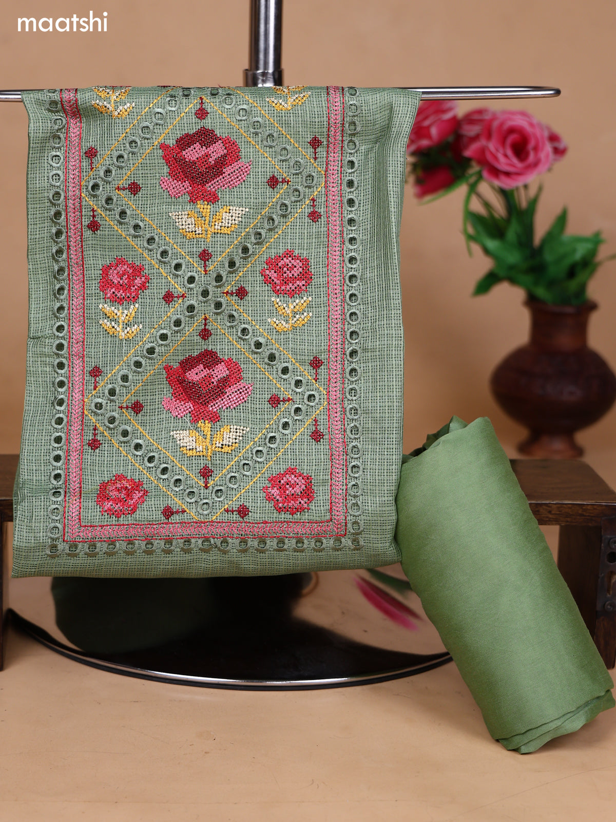 Pastel Green Kota Dress Material With Floral Embroidery Work Neck Pattern and Bottom & Dupatta
