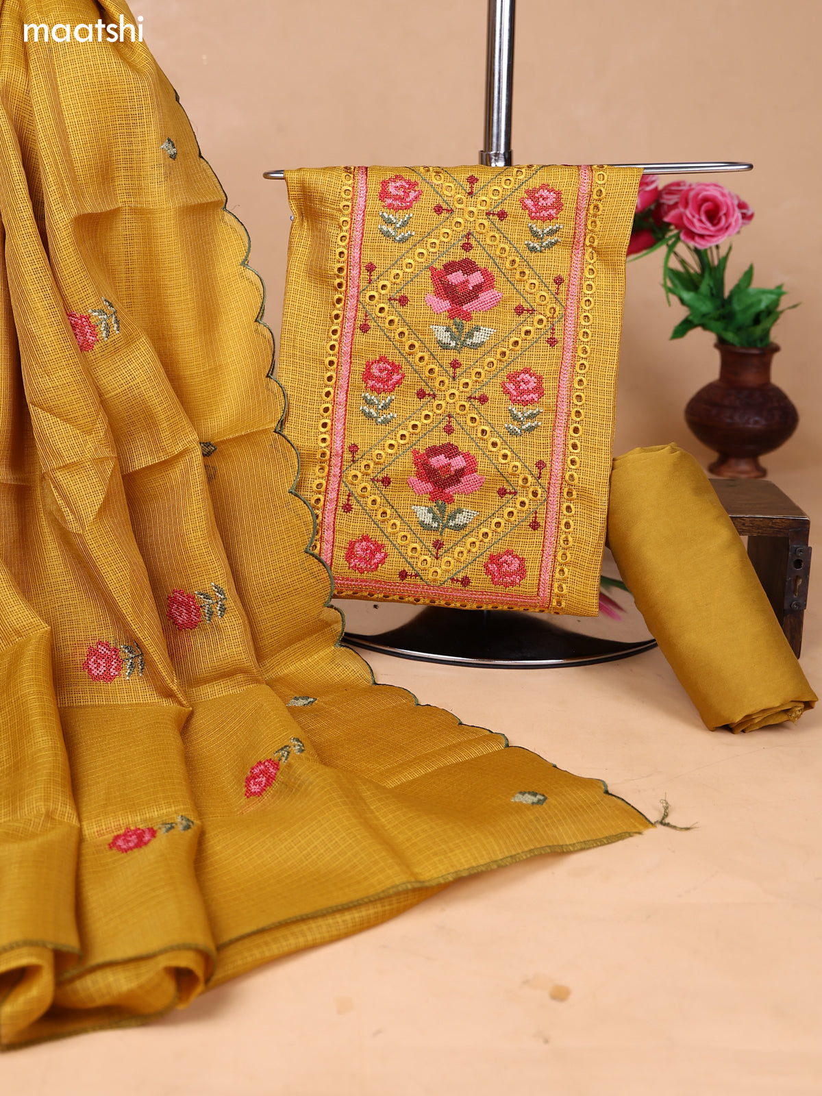 Mustard Kota Dress Material With Floral Embroidery Work Neck Pattern and Bottom & Dupatta