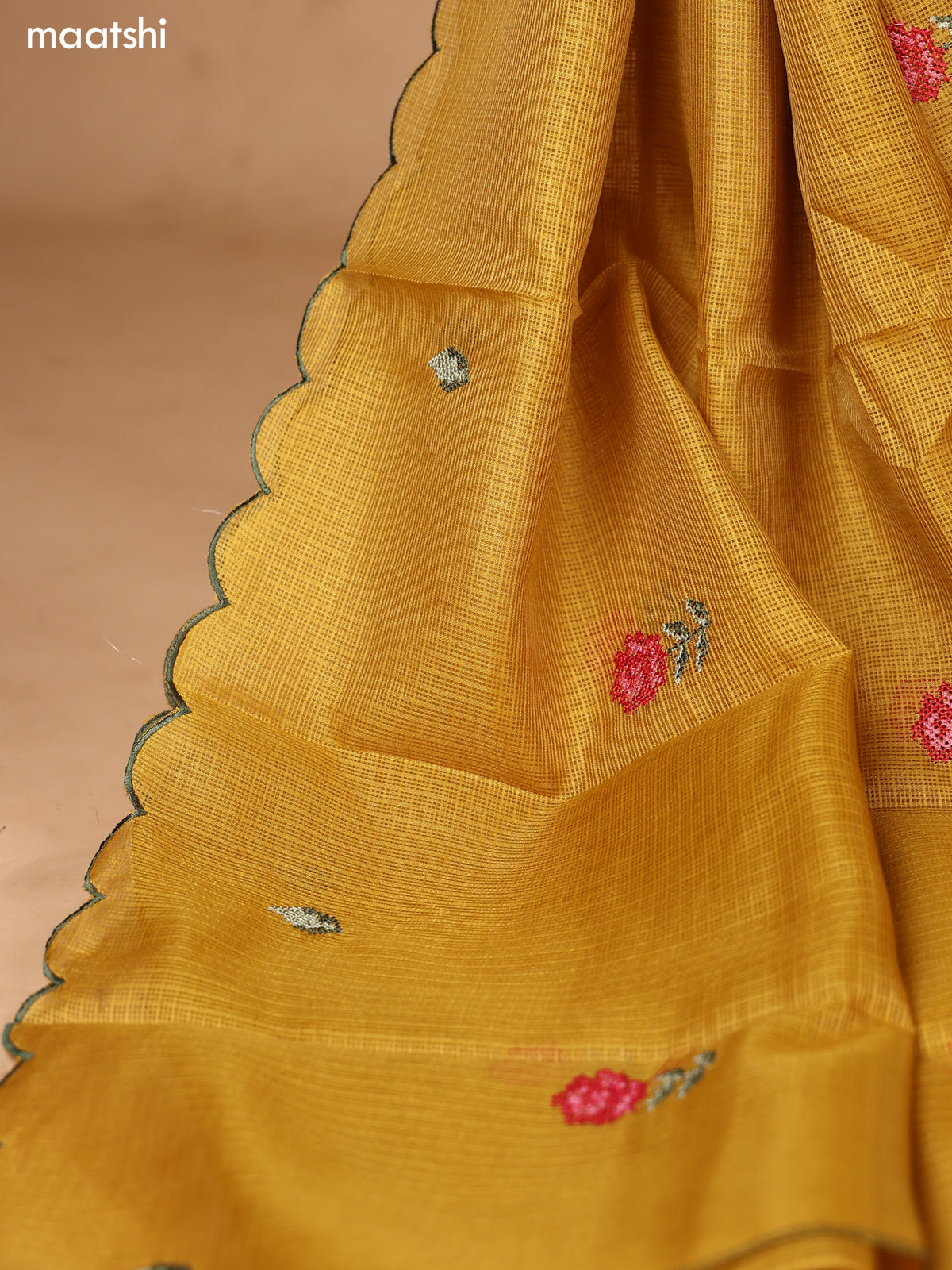 Mustard Kota Dress Material With Floral Embroidery Work Neck Pattern and Bottom & Dupatta