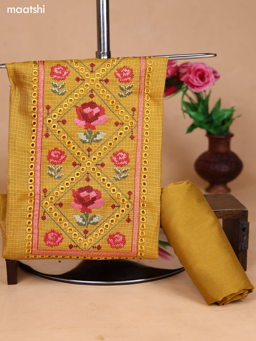Mustard Kota Dress Material With Floral Embroidery Work Neck Pattern and Bottom & Dupatta