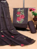 Dark Brown Kota Dress Material With Floral Embroidery Work Neck Pattern and Bottom & Dupatta