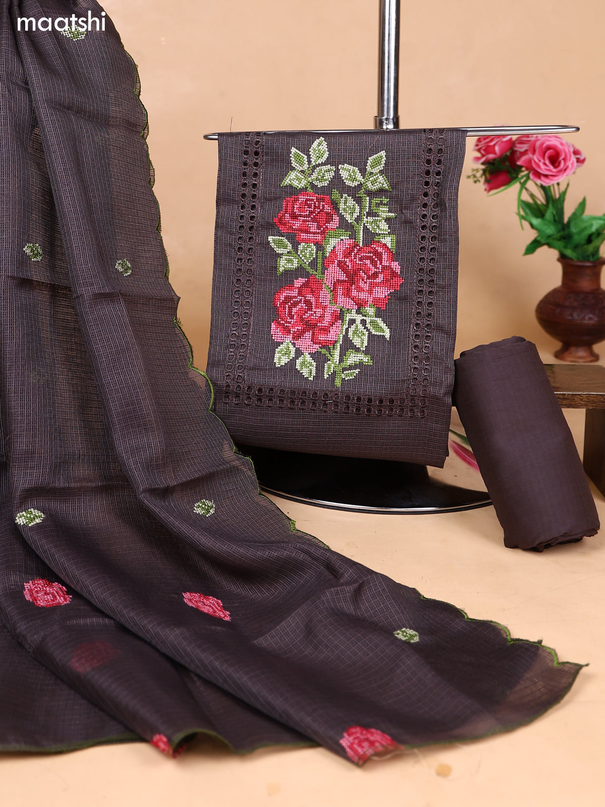 Dark Brown Kota Dress Material With Floral Embroidery Work Neck Pattern and Bottom & Dupatta