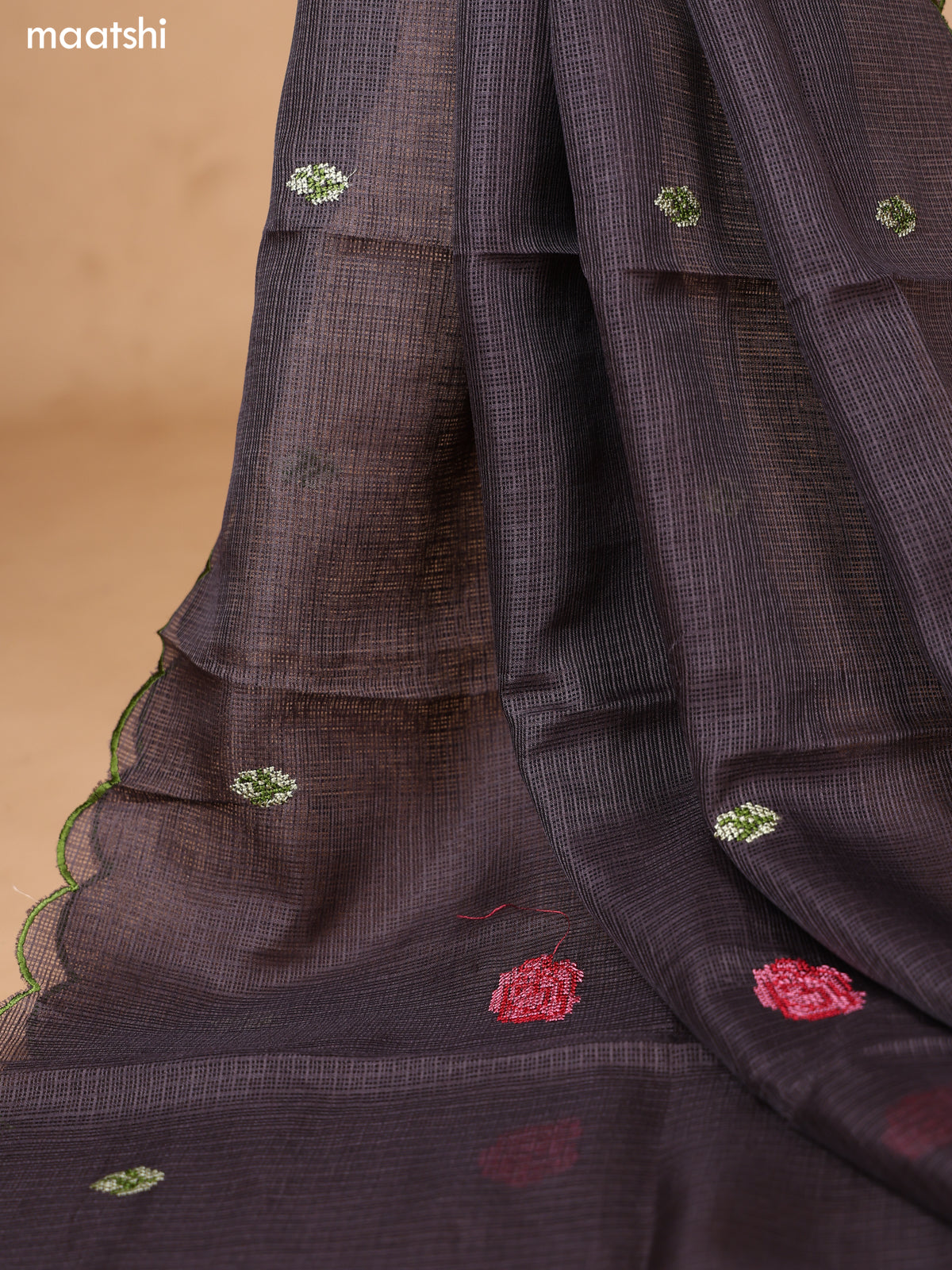 Dark Brown Kota Dress Material With Floral Embroidery Work Neck Pattern and Bottom & Dupatta