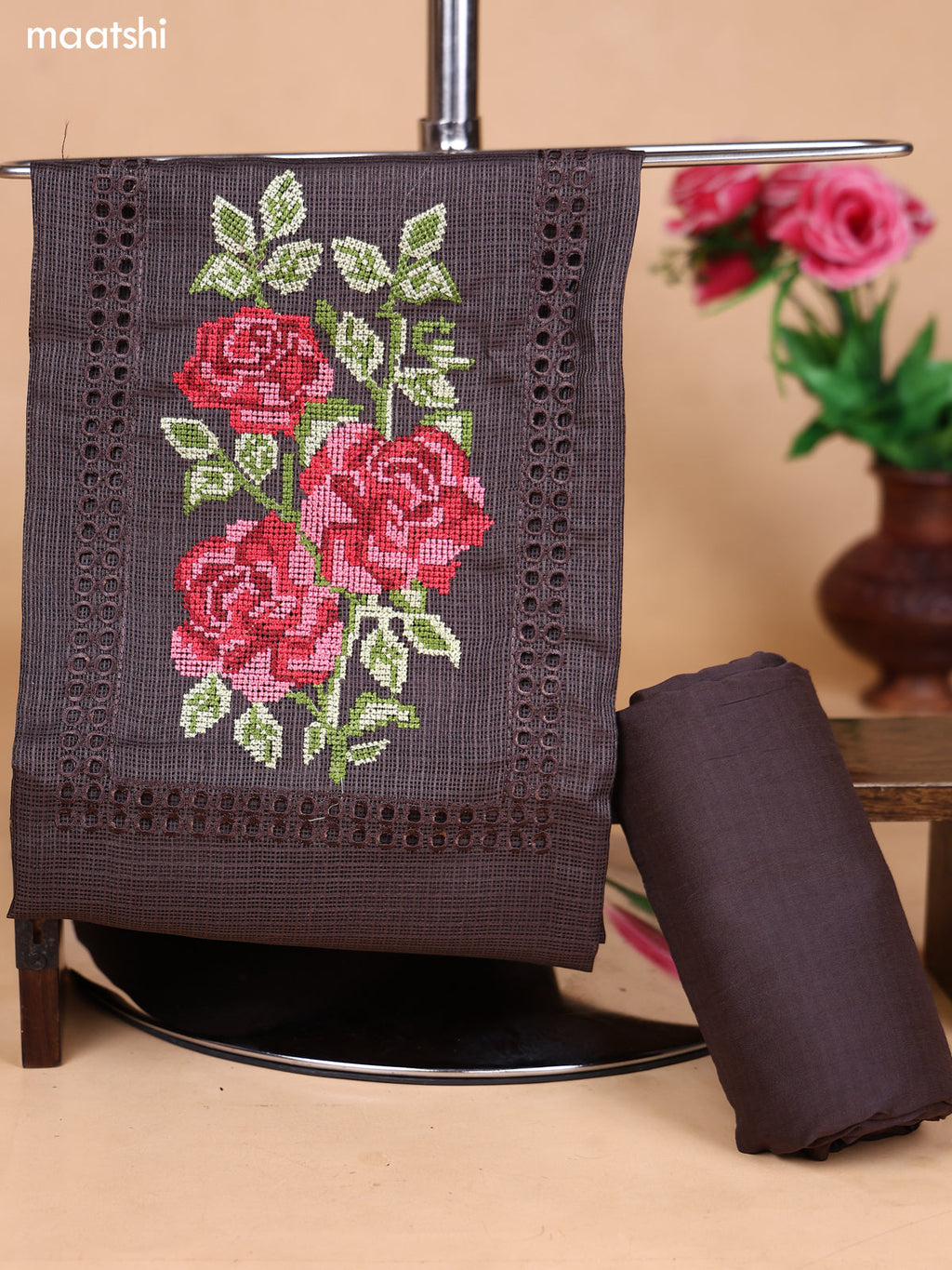 Dark Brown Kota Dress Material With Floral Embroidery Work Neck Pattern and Bottom & Dupatta