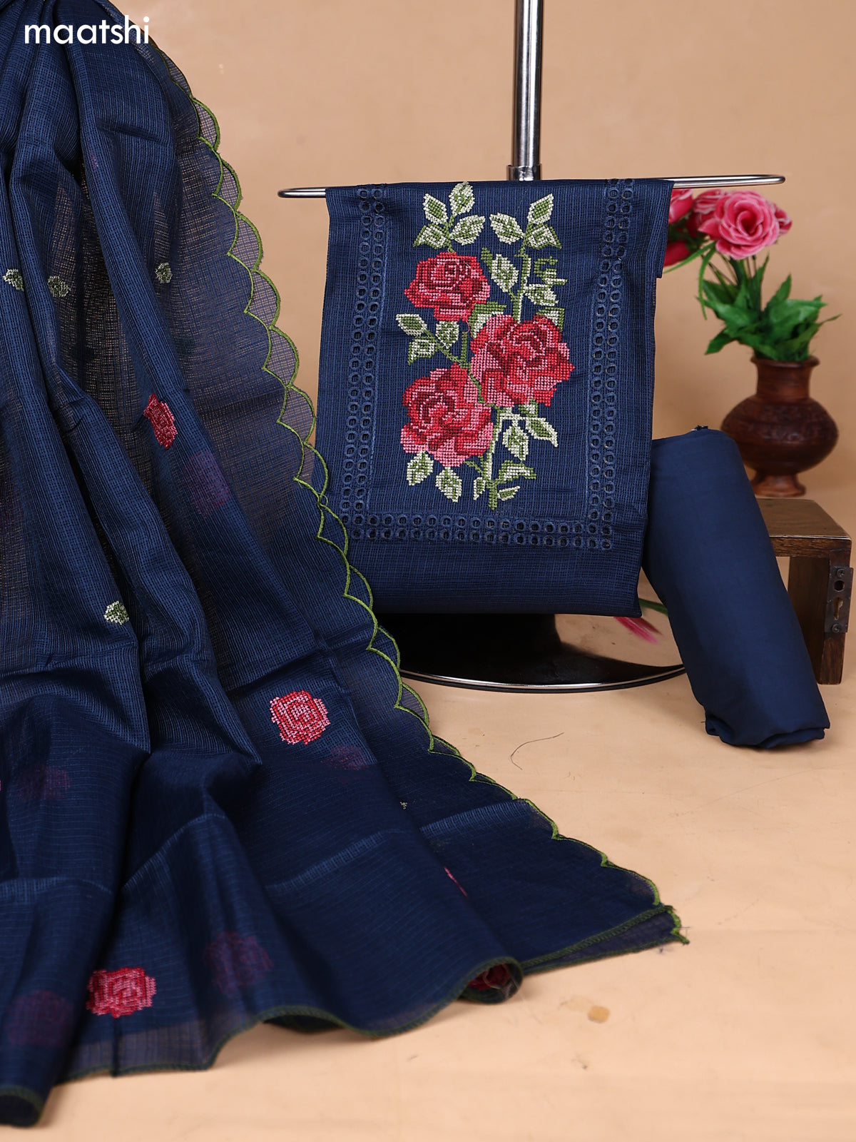 Dark Peacock Blue Kota Dress Material With Floral Embroidery Work Neck Pattern and Bottom & Dupatta