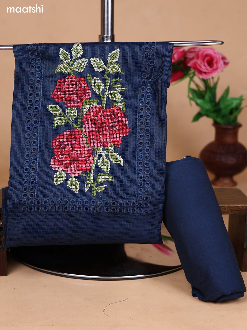 Dark Peacock Blue Kota Dress Material With Floral Embroidery Work Neck Pattern and Bottom & Dupatta