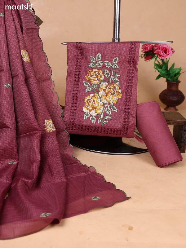 Rosy Brown Kota Dress Material With Floral Embroidery Work Neck Pattern and Bottom & Dupatta