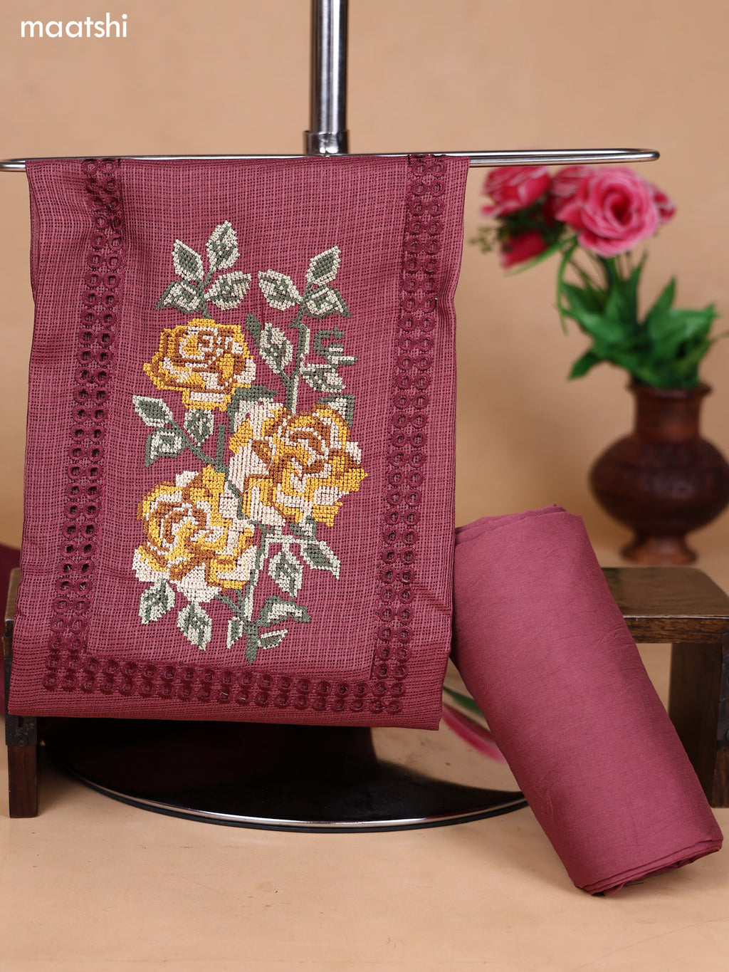 Rosy Brown Kota Dress Material With Floral Embroidery Work Neck Pattern and Bottom & Dupatta