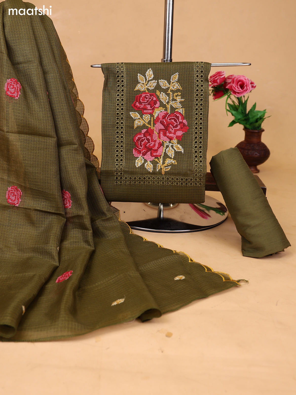 Dark Mehendi Green Kota Dress Material With Floral Embroidery Work Neck Pattern and Bottom & Dupatta