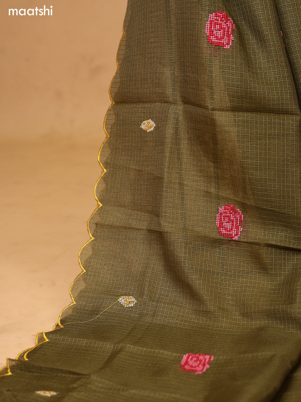 Dark Mehendi Green Kota Dress Material With Floral Embroidery Work Neck Pattern and Bottom & Dupatta