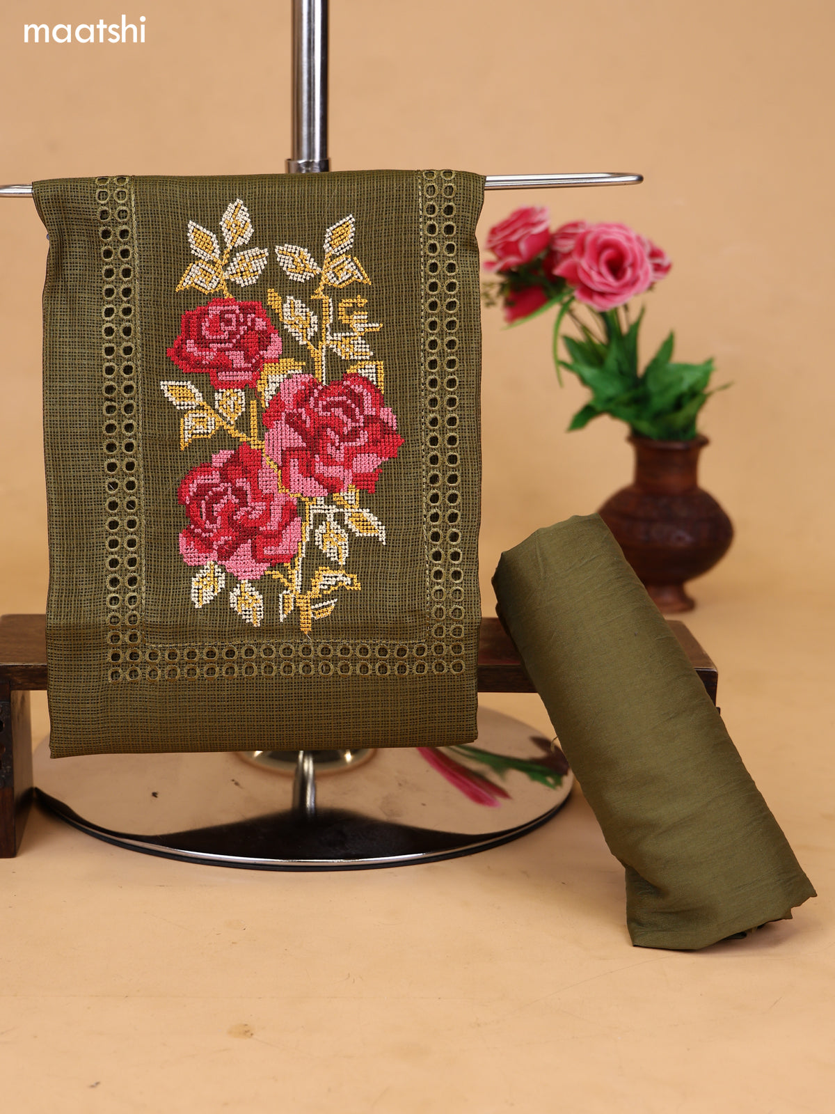 Dark Mehendi Green Kota Dress Material With Floral Embroidery Work Neck Pattern and Bottom & Dupatta