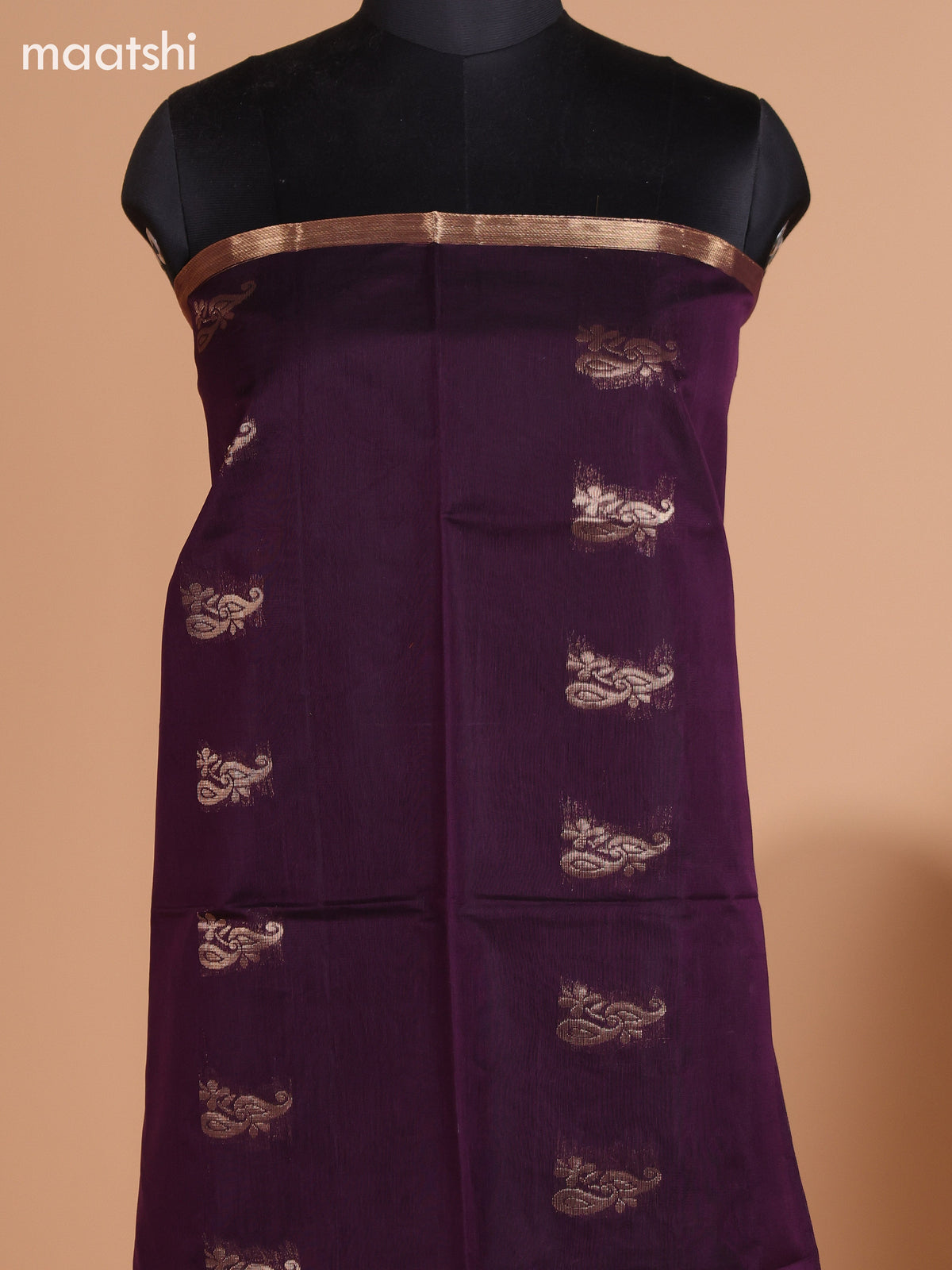 Deep Purple and Pastel Green Semi Silk Cotton Dress Material With Zari Buttas And Bottom & Dupatta