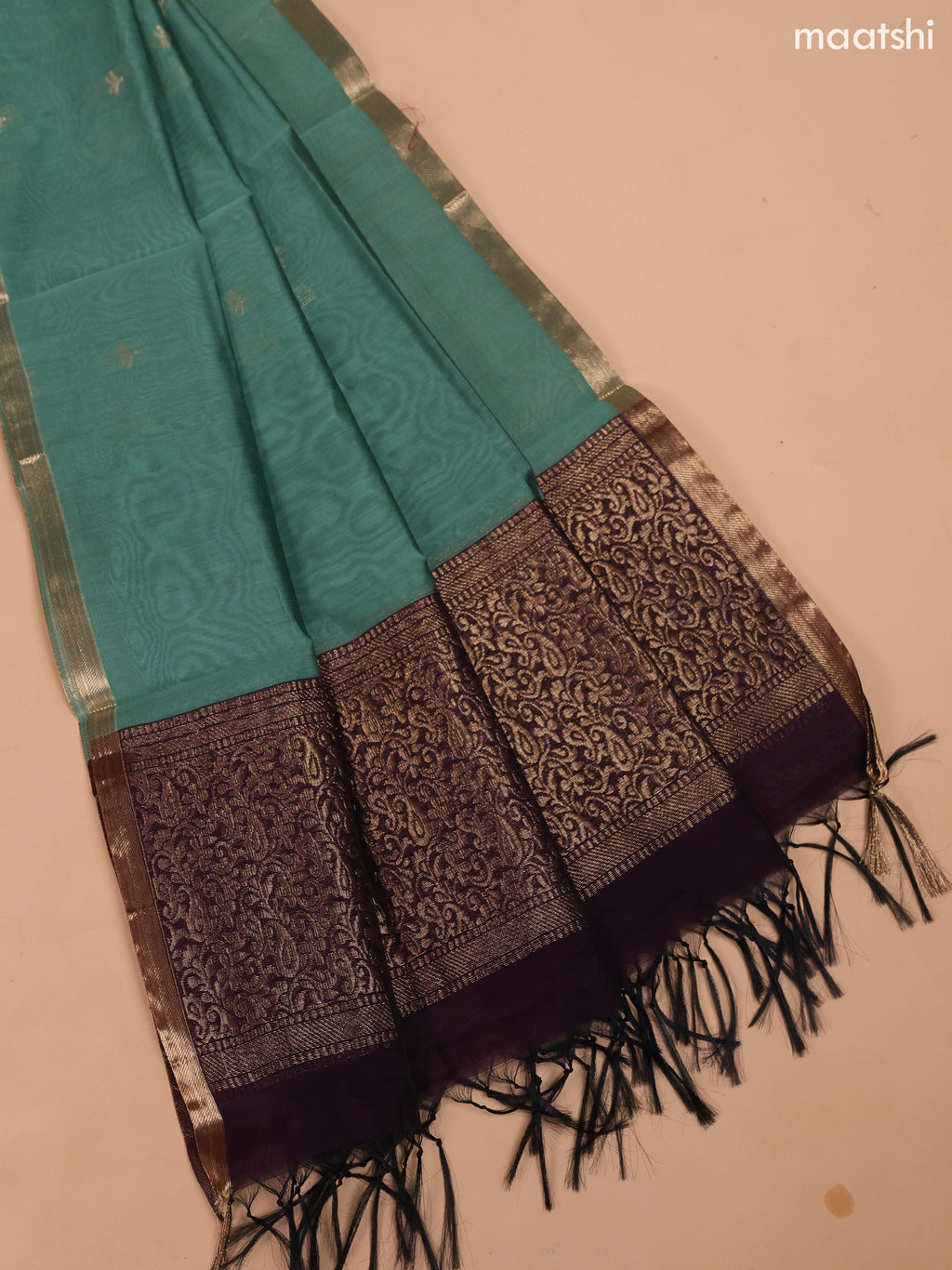 Deep Purple and Pastel Green Semi Silk Cotton Dress Material With Zari Buttas And Bottom & Dupatta