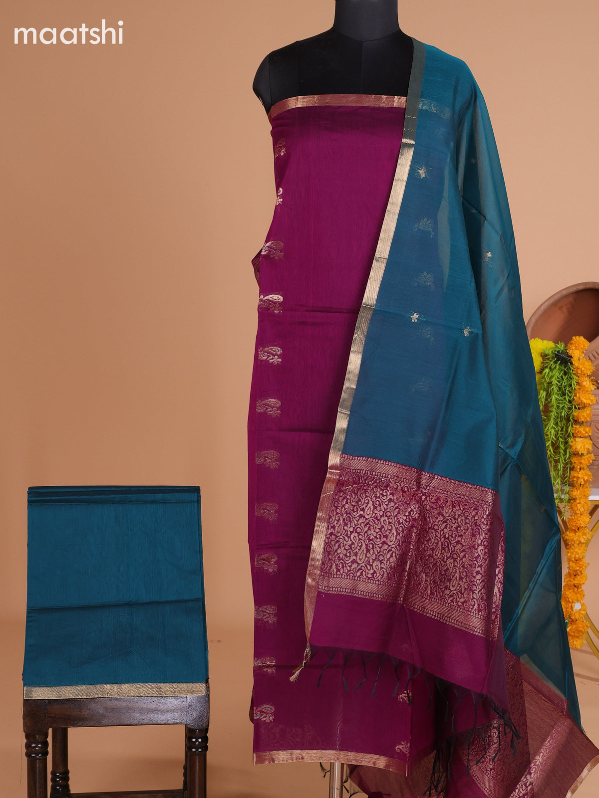 Dark Purple and Peacock Green Semi Silk Cotton Dress Material With Zari Buttas And Bottom & Dupatta