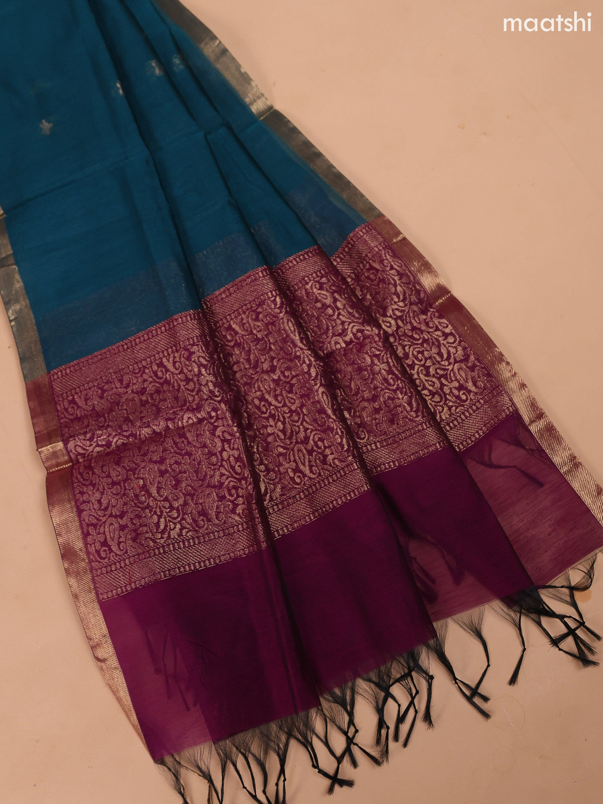 Dark Purple and Peacock Green Semi Silk Cotton Dress Material With Zari Buttas And Bottom & Dupatta