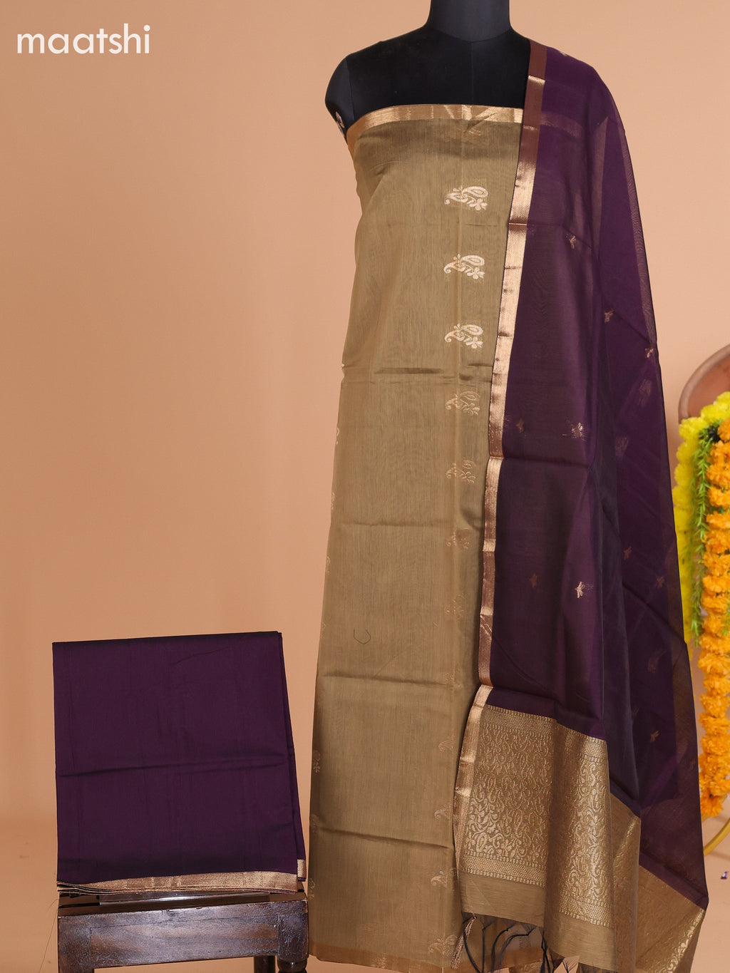 Elaichi Green and Deep Purple Semi Silk Cotton Dress Material With Zari Buttas and Bottom & Dupatta