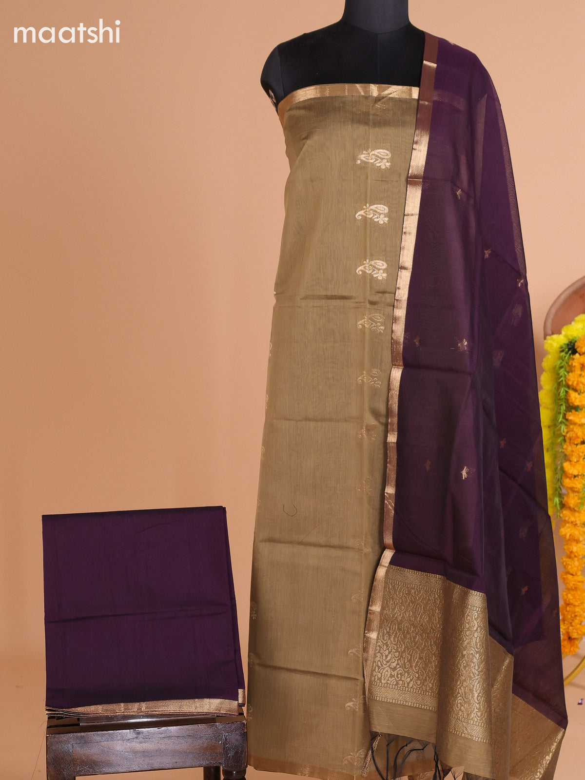 Elaichi Green and Deep Purple Semi Silk Cotton Dress Material With Zari Buttas and Bottom & Dupatta