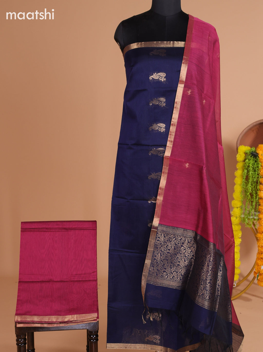 Dark Blue and Magenta Pink Semi Silk Cotton Dress Material With Zari Buttas And Bottom & Dupatta