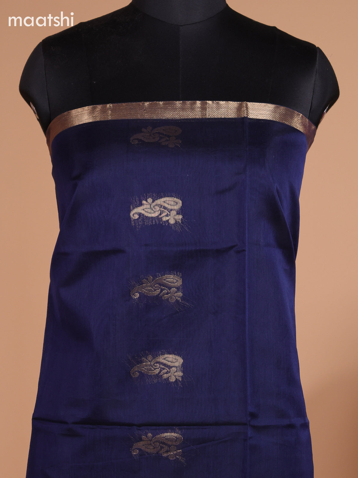 Dark Blue and Magenta Pink Semi Silk Cotton Dress Material With Zari Buttas And Bottom & Dupatta